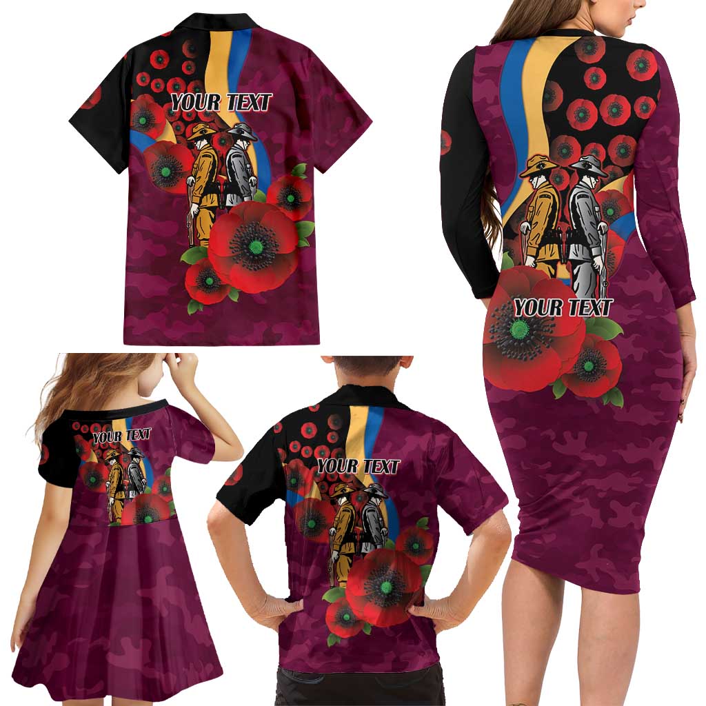 Brisbane Lions ANZAC Personalised Family Matching Long Sleeve Bodycon Dress and Hawaiian Shirt Lest We Forget Poppy Camo