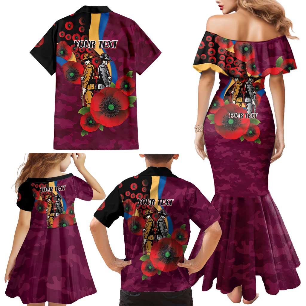 Brisbane Lions ANZAC Personalised Family Matching Mermaid Dress and Hawaiian Shirt Lest We Forget Poppy Camo