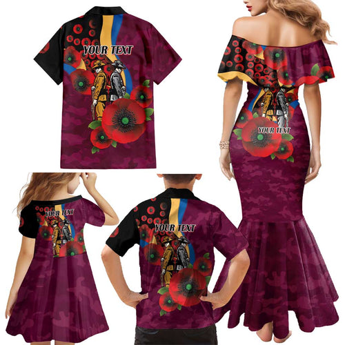 Brisbane Lions ANZAC Personalised Family Matching Mermaid Dress and Hawaiian Shirt Lest We Forget Poppy Camo