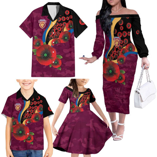 Brisbane Lions ANZAC Personalised Family Matching Off The Shoulder Long Sleeve Dress and Hawaiian Shirt Lest We Forget Poppy Camo