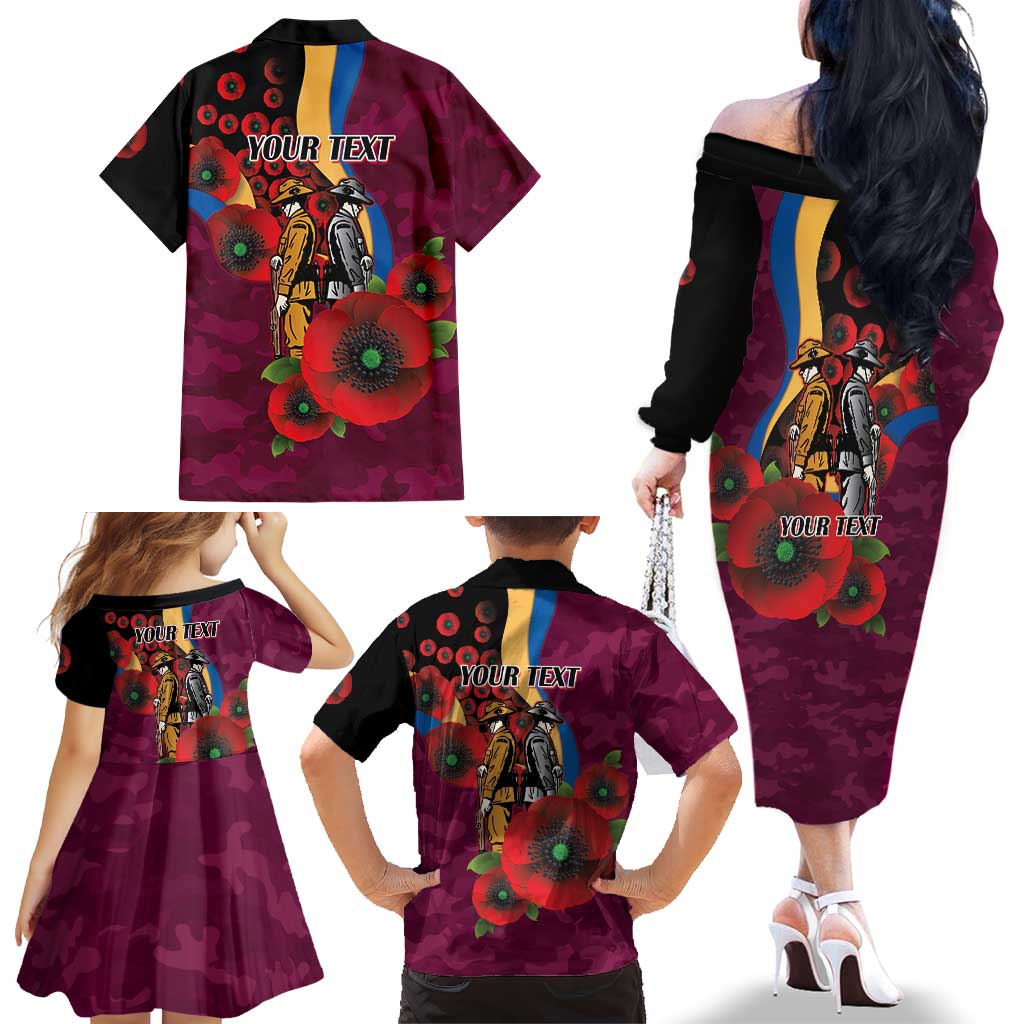 Brisbane Lions ANZAC Personalised Family Matching Off The Shoulder Long Sleeve Dress and Hawaiian Shirt Lest We Forget Poppy Camo