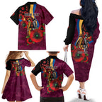 Brisbane Lions ANZAC Personalised Family Matching Off The Shoulder Long Sleeve Dress and Hawaiian Shirt Lest We Forget Poppy Camo