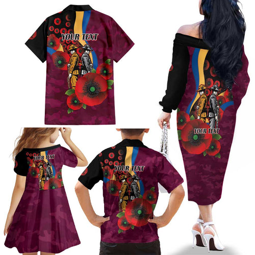 Brisbane Lions ANZAC Personalised Family Matching Off The Shoulder Long Sleeve Dress and Hawaiian Shirt Lest We Forget Poppy Camo