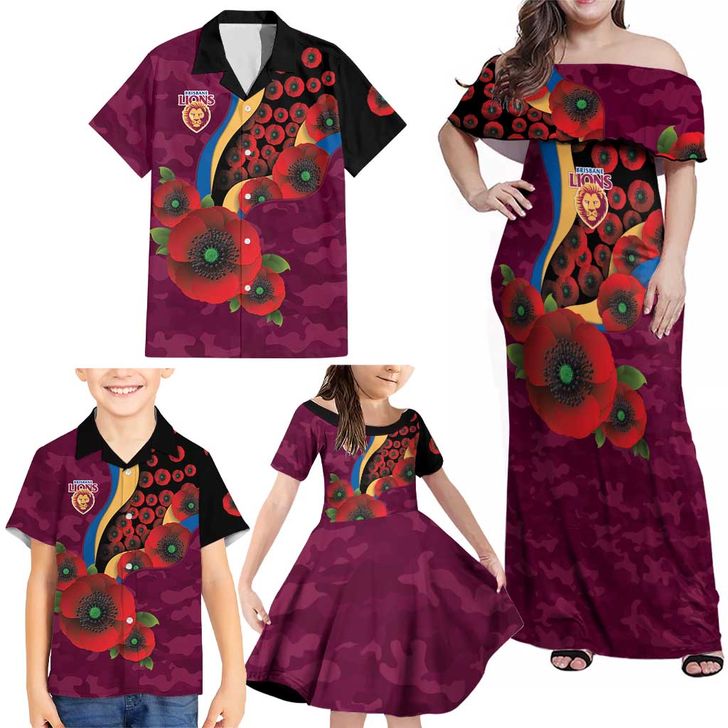 Brisbane Lions ANZAC Personalised Family Matching Off Shoulder Maxi Dress and Hawaiian Shirt Lest We Forget Poppy Camo