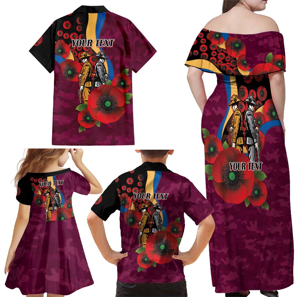 Brisbane Lions ANZAC Personalised Family Matching Off Shoulder Maxi Dress and Hawaiian Shirt Lest We Forget Poppy Camo