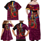 Brisbane Lions ANZAC Personalised Family Matching Off Shoulder Maxi Dress and Hawaiian Shirt Lest We Forget Poppy Camo