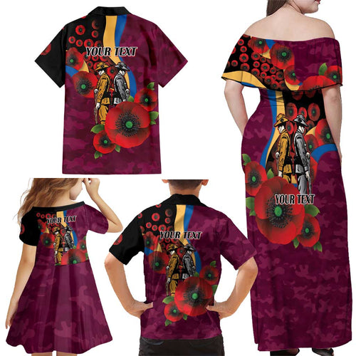 Brisbane Lions ANZAC Personalised Family Matching Off Shoulder Maxi Dress and Hawaiian Shirt Lest We Forget Poppy Camo