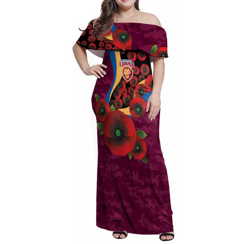 Brisbane Lions ANZAC Personalised Family Matching Off Shoulder Maxi Dress and Hawaiian Shirt Lest We Forget Poppy Camo