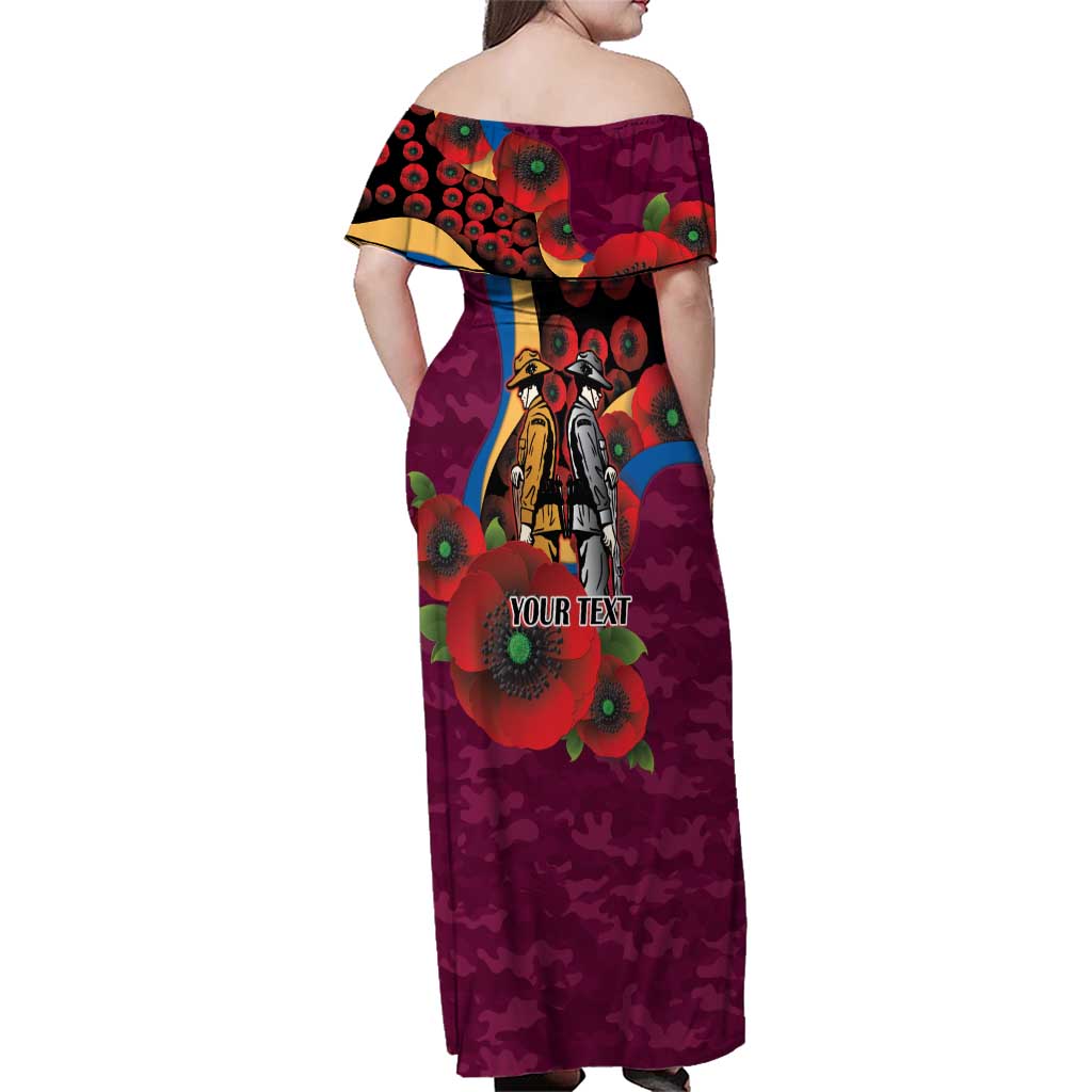 Brisbane Lions ANZAC Personalised Family Matching Off Shoulder Maxi Dress and Hawaiian Shirt Lest We Forget Poppy Camo