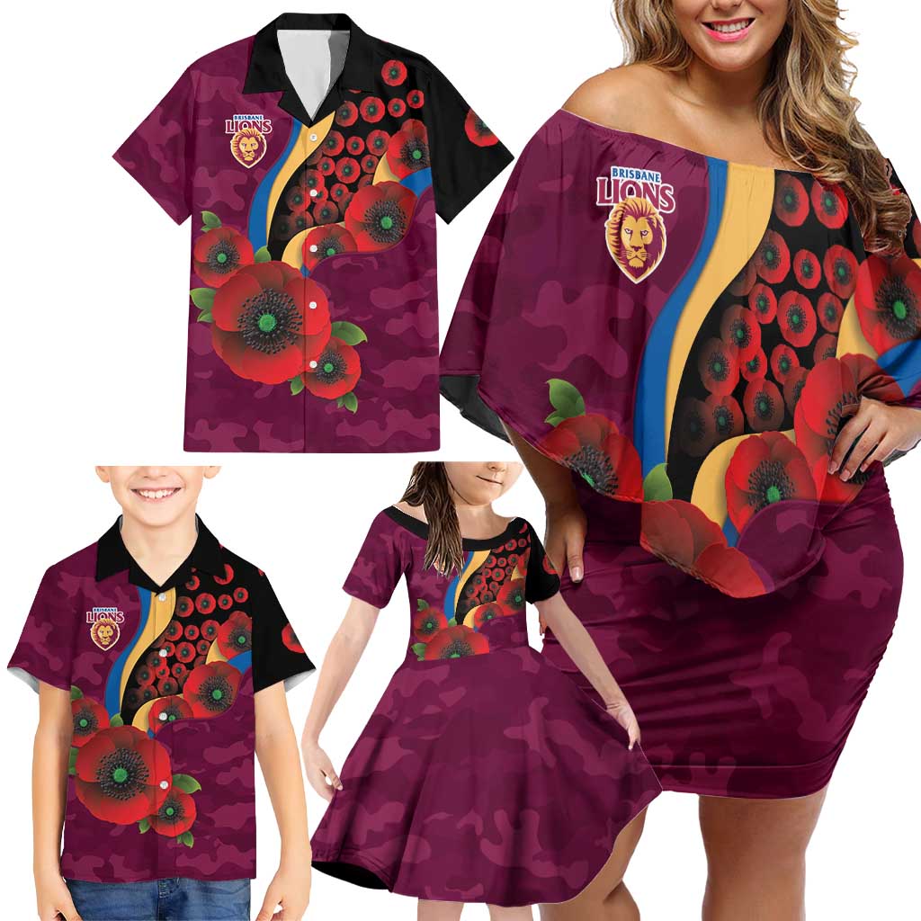 Brisbane Lions ANZAC Personalised Family Matching Off Shoulder Short Dress and Hawaiian Shirt Lest We Forget Poppy Camo