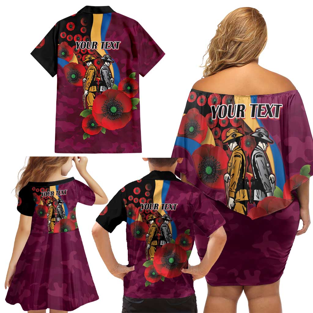Brisbane Lions ANZAC Personalised Family Matching Off Shoulder Short Dress and Hawaiian Shirt Lest We Forget Poppy Camo