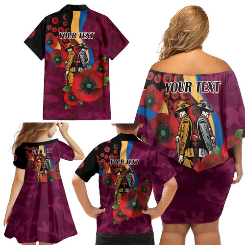 Brisbane Lions ANZAC Personalised Family Matching Off Shoulder Short Dress and Hawaiian Shirt Lest We Forget Poppy Camo