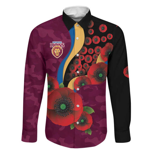 Brisbane Lions ANZAC Personalised Family Matching Off Shoulder Short Dress and Hawaiian Shirt Lest We Forget Poppy Camo