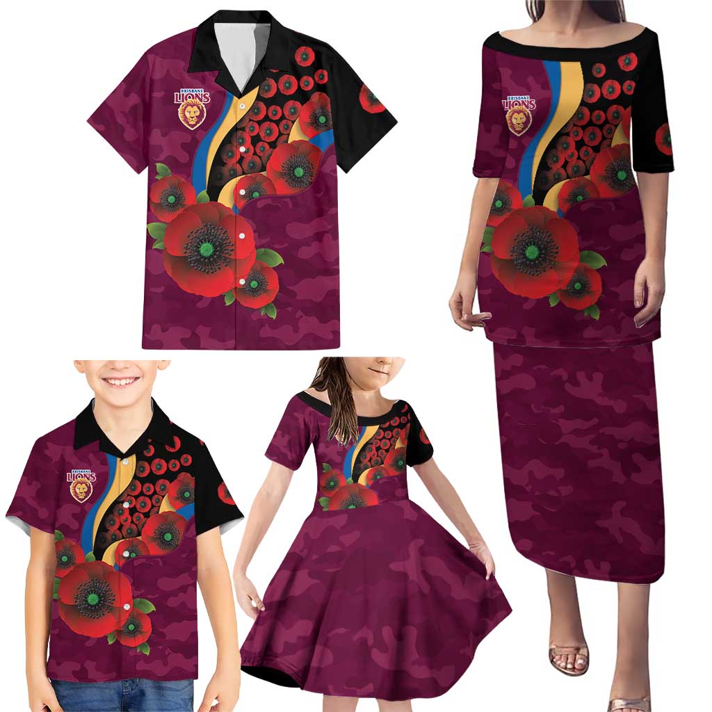 Brisbane Lions ANZAC Personalised Family Matching Puletasi and Hawaiian Shirt Lest We Forget Poppy Camo