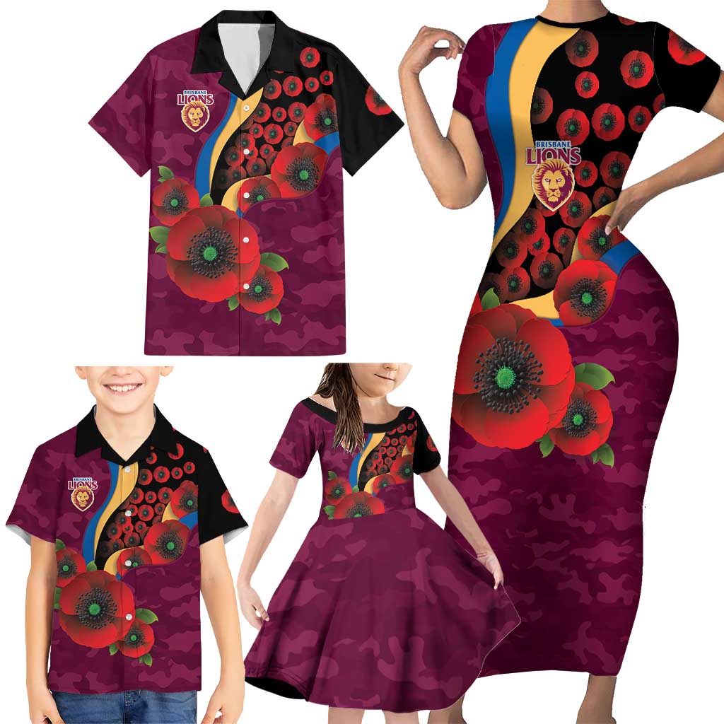 Brisbane Lions ANZAC Personalised Family Matching Short Sleeve Bodycon Dress and Hawaiian Shirt Lest We Forget Poppy Camo