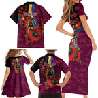 Brisbane Lions ANZAC Personalised Family Matching Short Sleeve Bodycon Dress and Hawaiian Shirt Lest We Forget Poppy Camo
