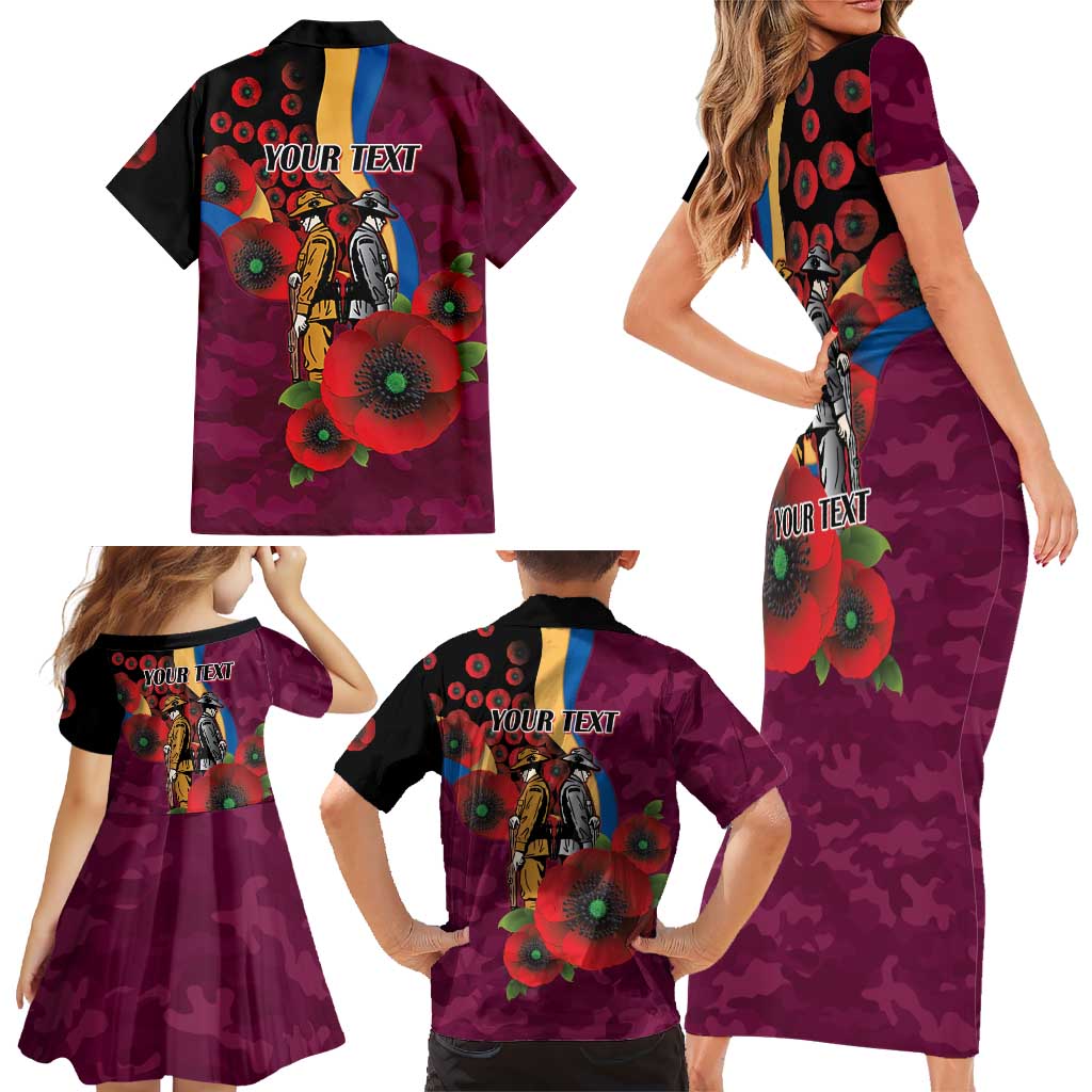 Brisbane Lions ANZAC Personalised Family Matching Short Sleeve Bodycon Dress and Hawaiian Shirt Lest We Forget Poppy Camo
