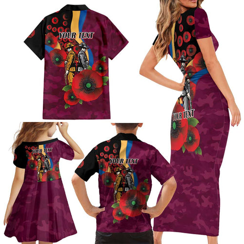Brisbane Lions ANZAC Personalised Family Matching Short Sleeve Bodycon Dress and Hawaiian Shirt Lest We Forget Poppy Camo