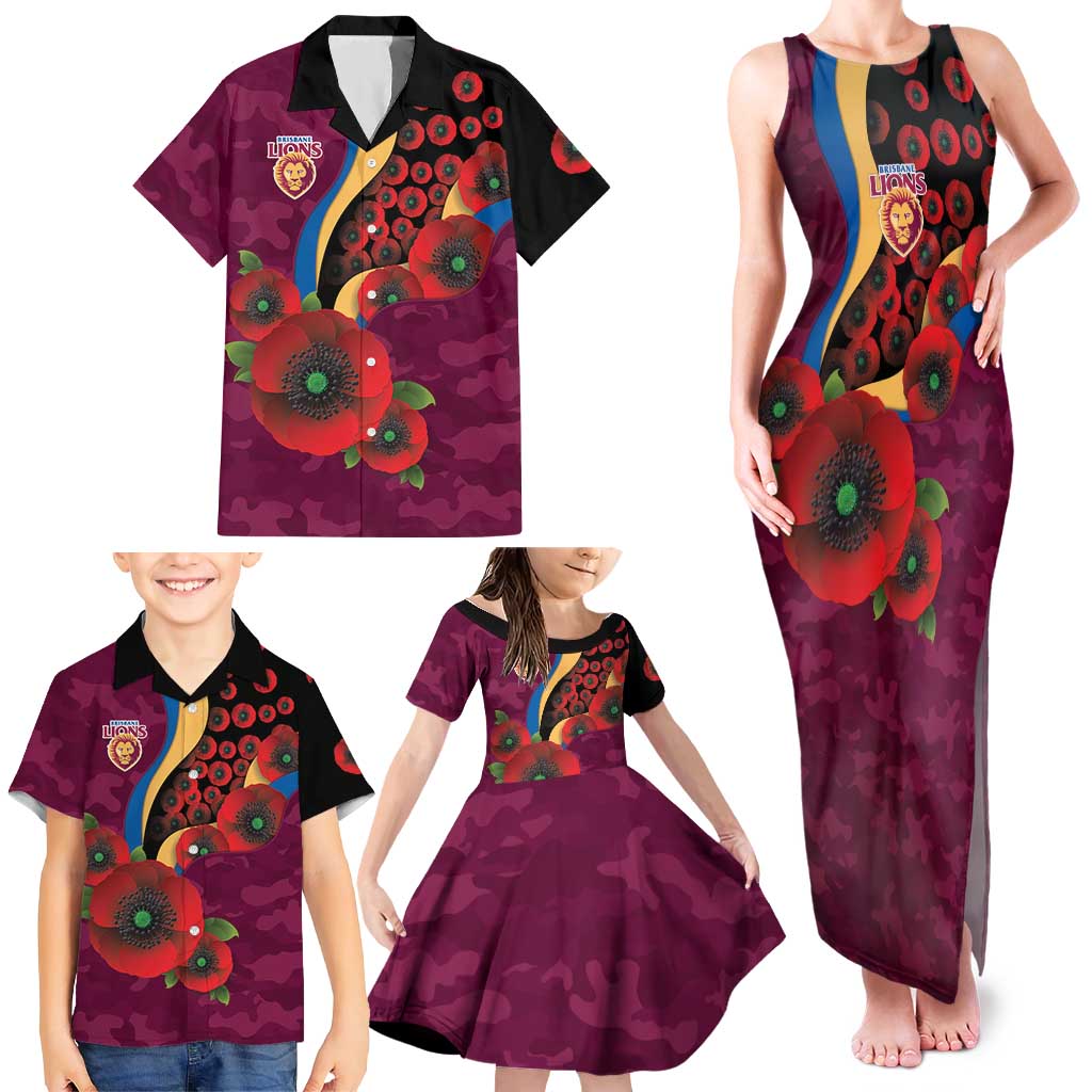 Brisbane Lions ANZAC Personalised Family Matching Tank Maxi Dress and Hawaiian Shirt Lest We Forget Poppy Camo