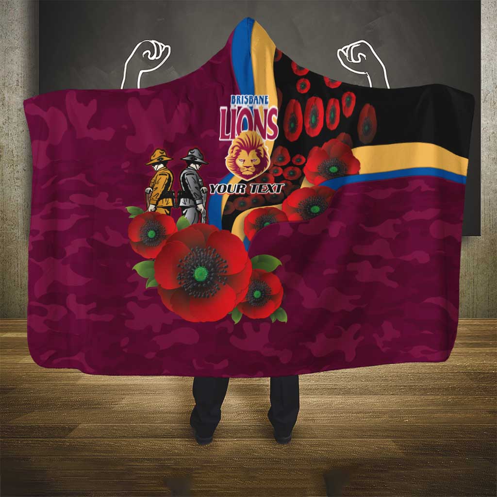 Brisbane Lions ANZAC Personalised Hooded Blanket Lest We Forget Poppy Camo