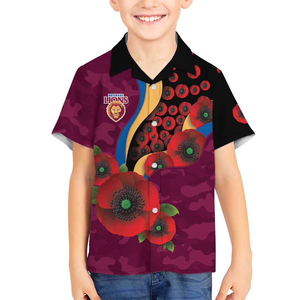 Brisbane Lions ANZAC Personalised Kid Hawaiian Shirt Lest We Forget Poppy Camo