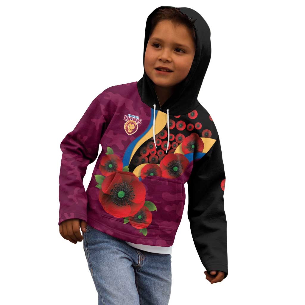 Brisbane Lions ANZAC Personalised Kid Hoodie Lest We Forget Poppy Camo