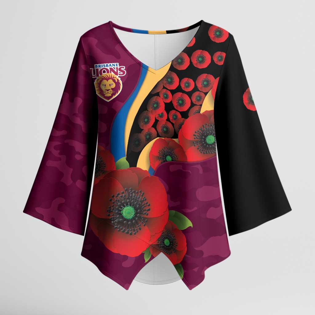 Brisbane Lions ANZAC Personalised Kimono Sleeve Blouse Lest We Forget Poppy Camo