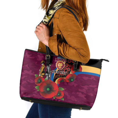 Brisbane Lions ANZAC Personalised Leather Tote Bag Lest We Forget Poppy Camo
