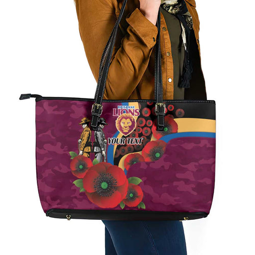Brisbane Lions ANZAC Personalised Leather Tote Bag Lest We Forget Poppy Camo