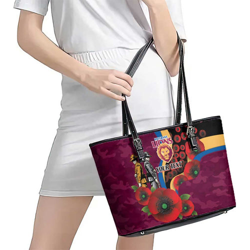 Brisbane Lions ANZAC Personalised Leather Tote Bag Lest We Forget Poppy Camo
