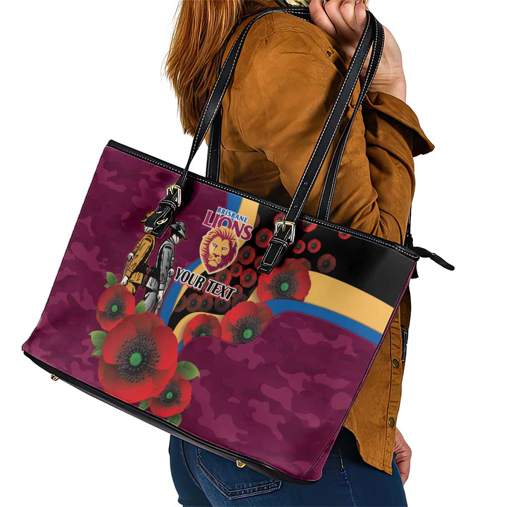 Brisbane Lions ANZAC Personalised Leather Tote Bag Lest We Forget Poppy Camo