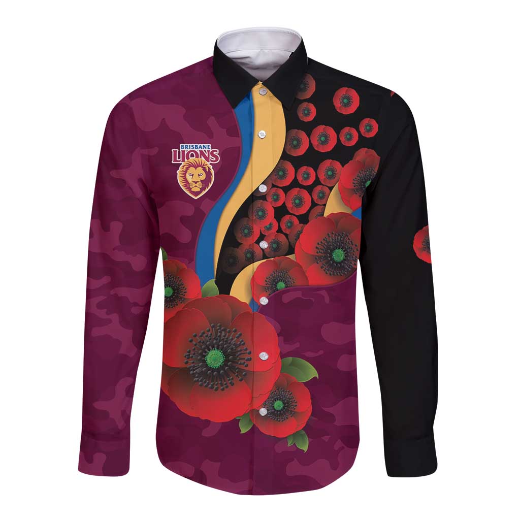 Brisbane Lions ANZAC Personalised Long Sleeve Button Shirt Lest We Forget Poppy Camo