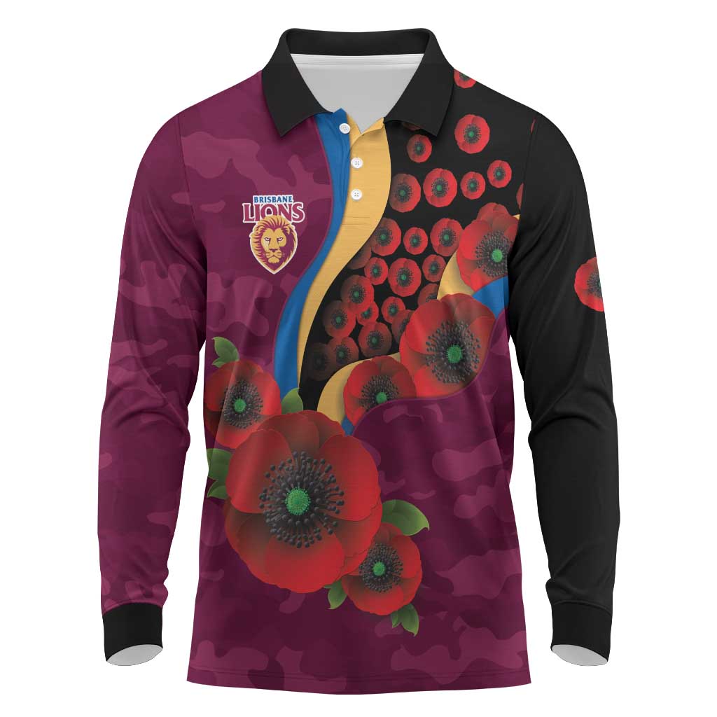 Brisbane Lions ANZAC Personalised Long Sleeve Polo Shirt Lest We Forget Poppy Camo