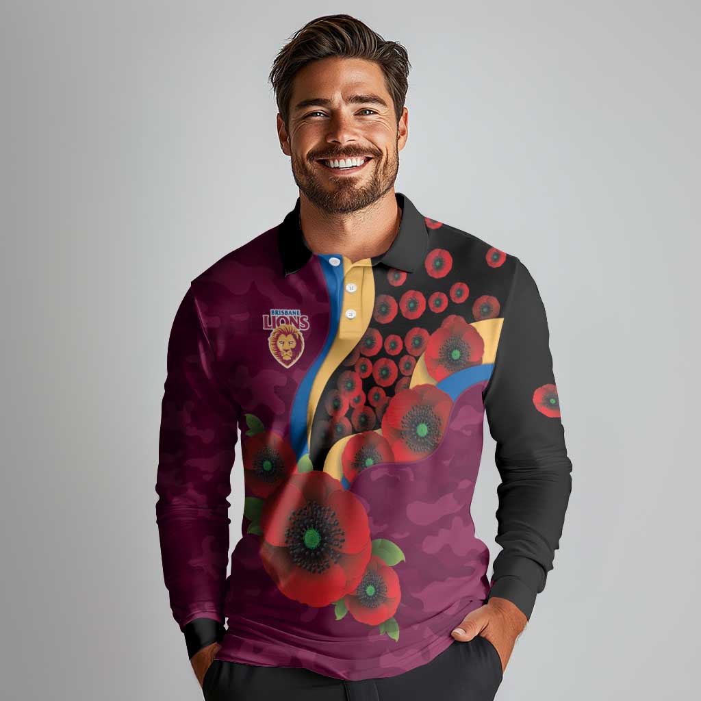 Brisbane Lions ANZAC Personalised Long Sleeve Polo Shirt Lest We Forget Poppy Camo