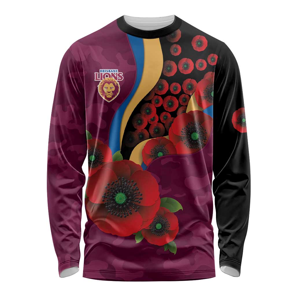 Brisbane Lions ANZAC Personalised Long Sleeve Shirt Lest We Forget Poppy Camo