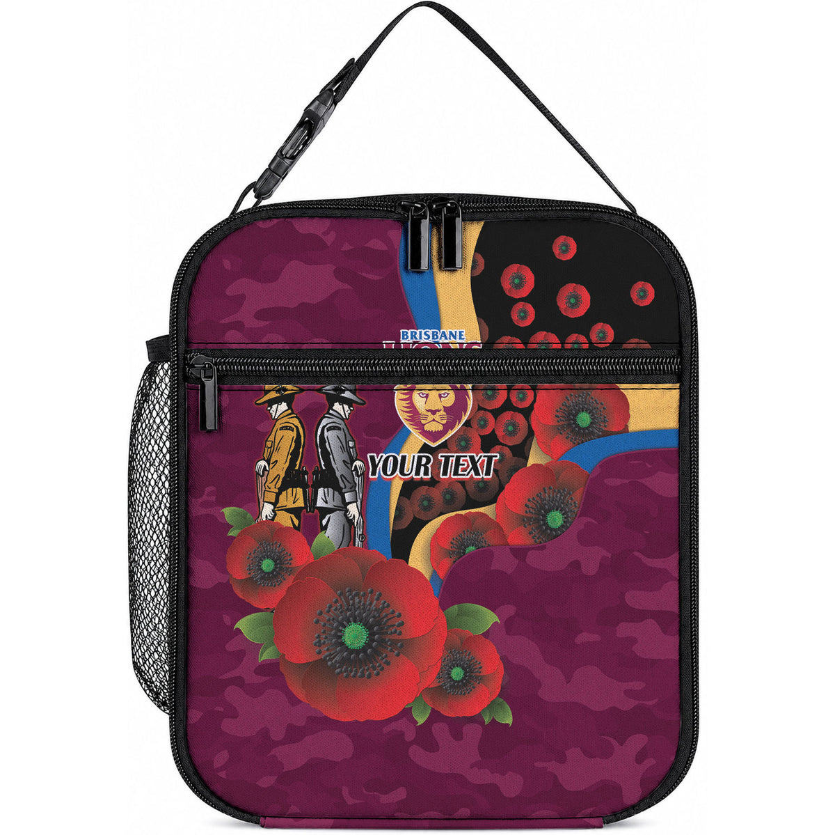 Brisbane Lions ANZAC Personalised Lunch Bag Lest We Forget Poppy Camo