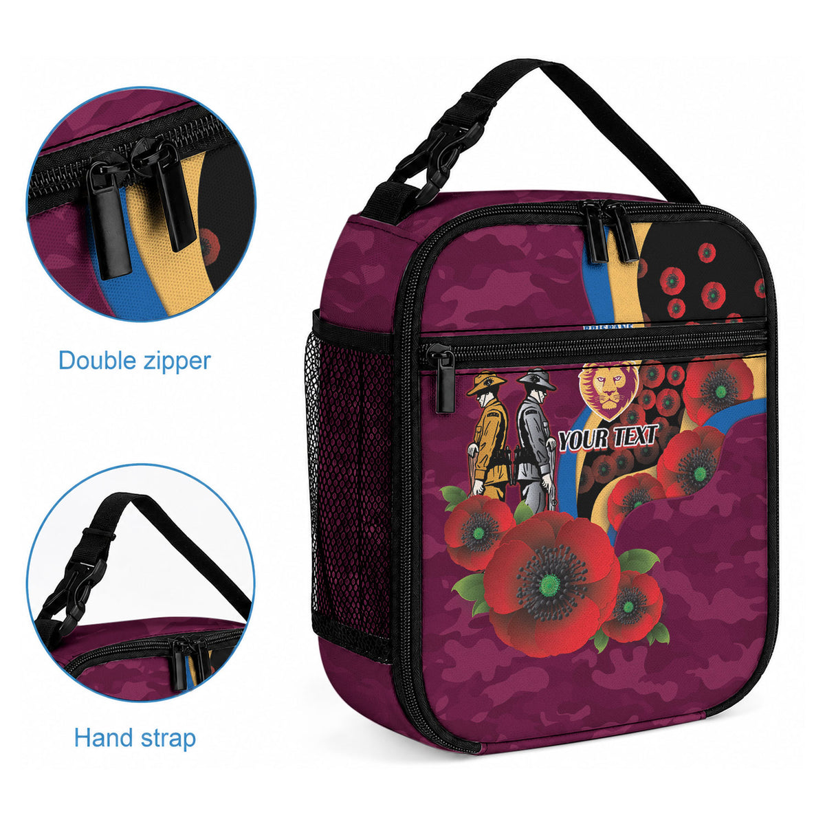 Brisbane Lions ANZAC Personalised Lunch Bag Lest We Forget Poppy Camo