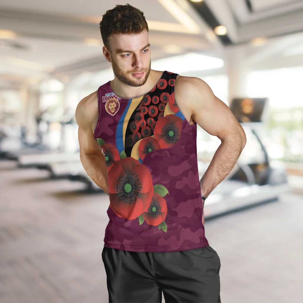 Brisbane Lions ANZAC Personalised Men Tank Top Lest We Forget Poppy Camo