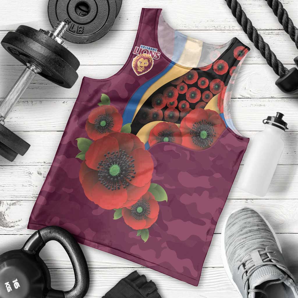 Brisbane Lions ANZAC Personalised Men Tank Top Lest We Forget Poppy Camo