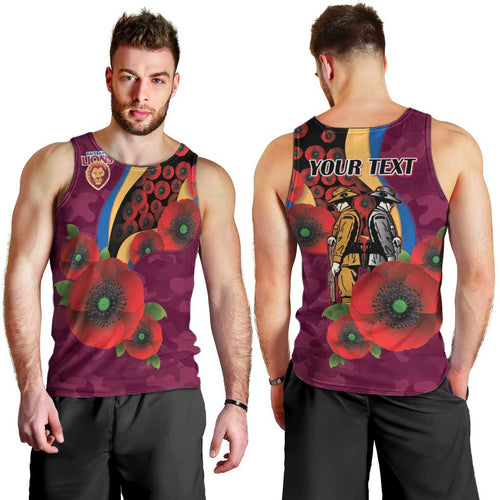 Brisbane Lions ANZAC Personalised Men Tank Top Lest We Forget Poppy Camo