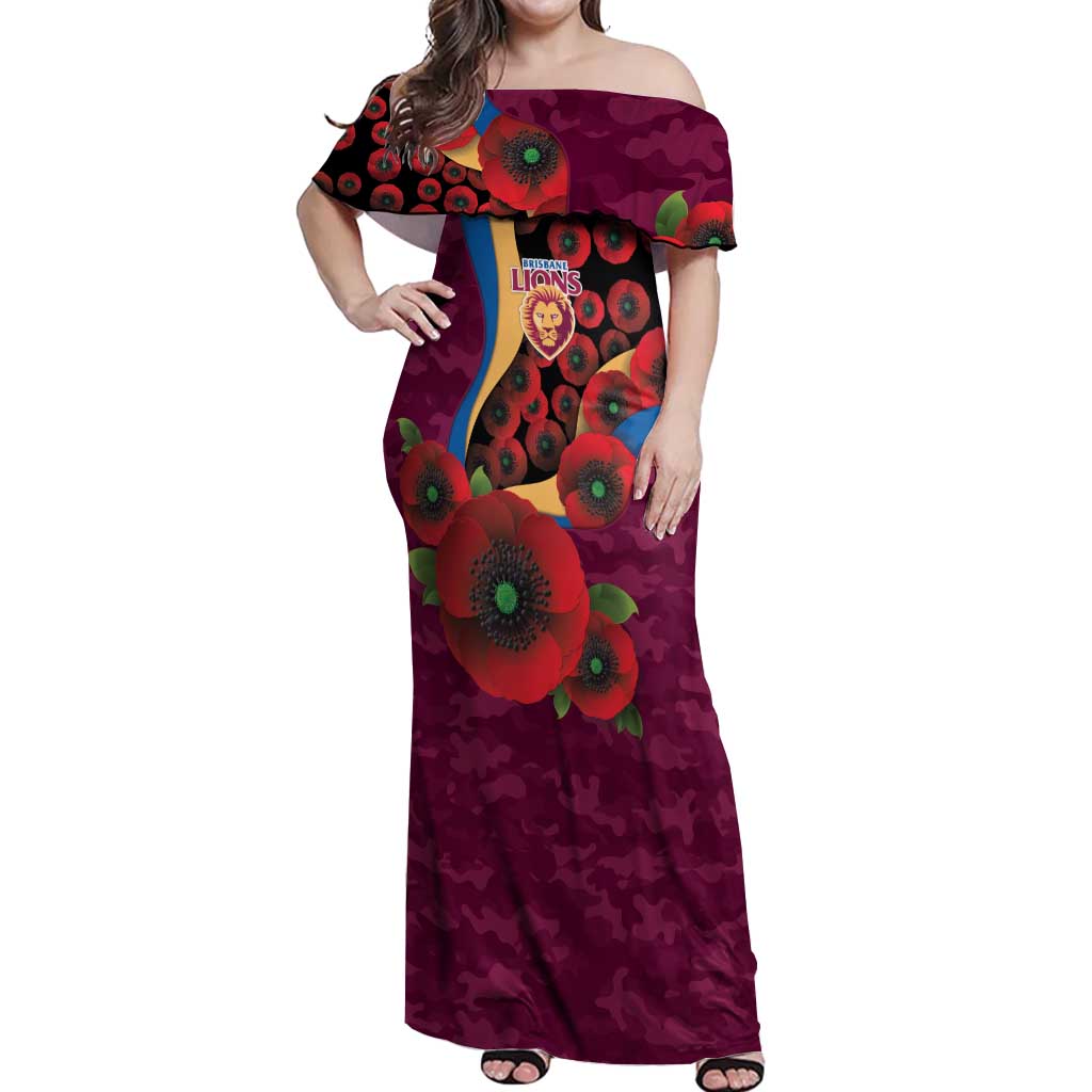 Brisbane Lions ANZAC Personalised Off Shoulder Maxi Dress Lest We Forget Poppy Camo