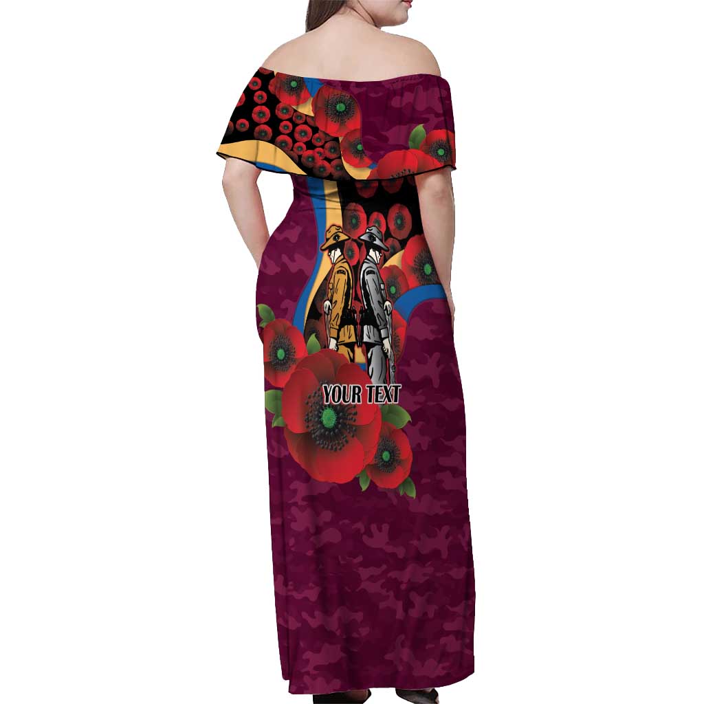Brisbane Lions ANZAC Personalised Off Shoulder Maxi Dress Lest We Forget Poppy Camo