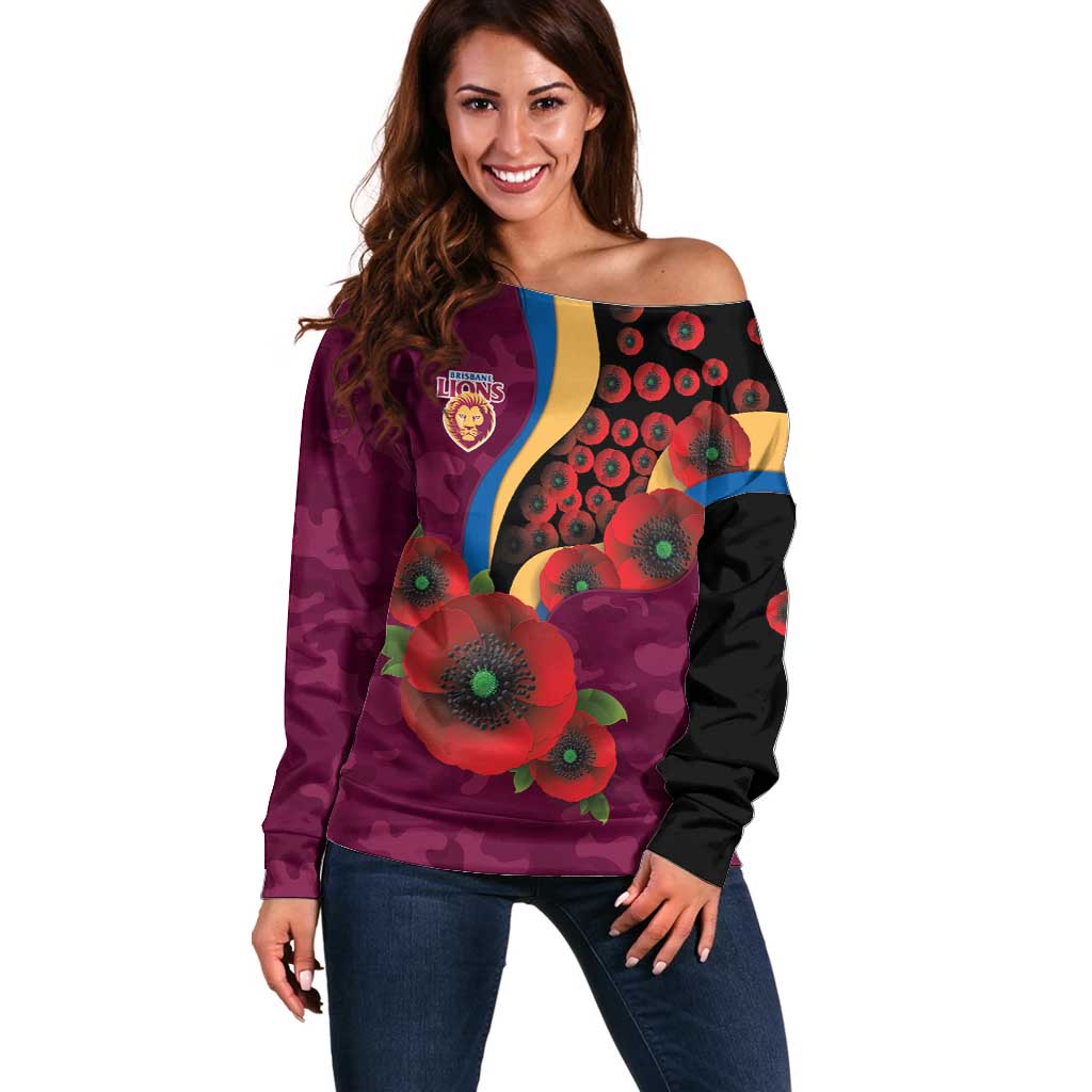Brisbane Lions ANZAC Personalised Off Shoulder Sweater Lest We Forget Poppy Camo