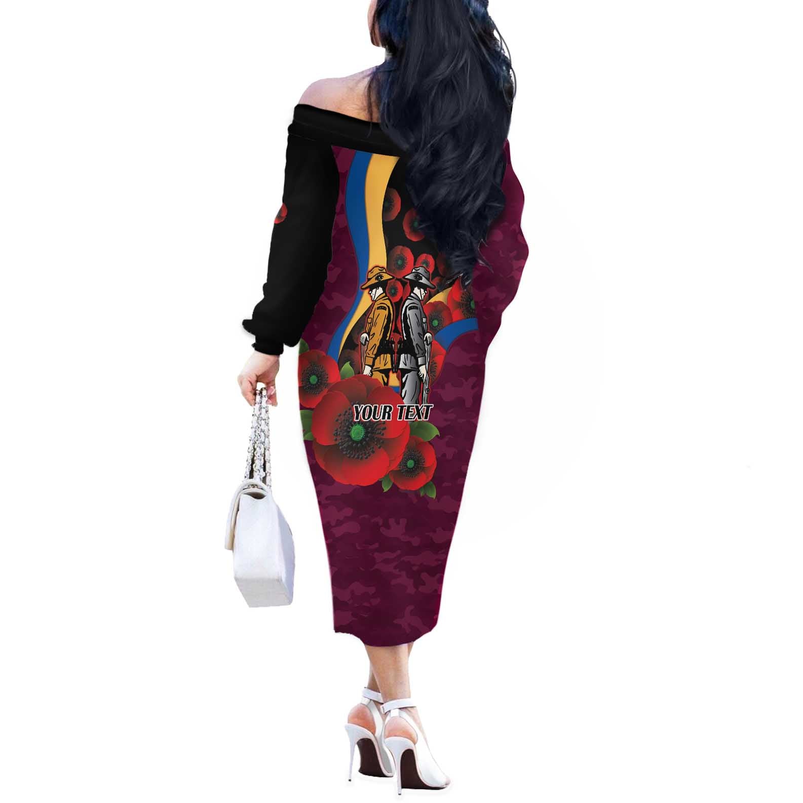 Brisbane Lions ANZAC Personalised Off The Shoulder Long Sleeve Dress Lest We Forget Poppy Camo