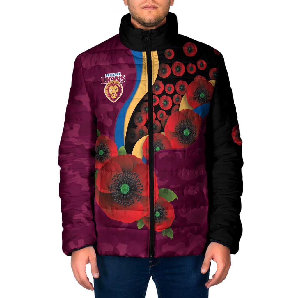 Brisbane Lions ANZAC Personalised Padded Jacket Lest We Forget Poppy Camo