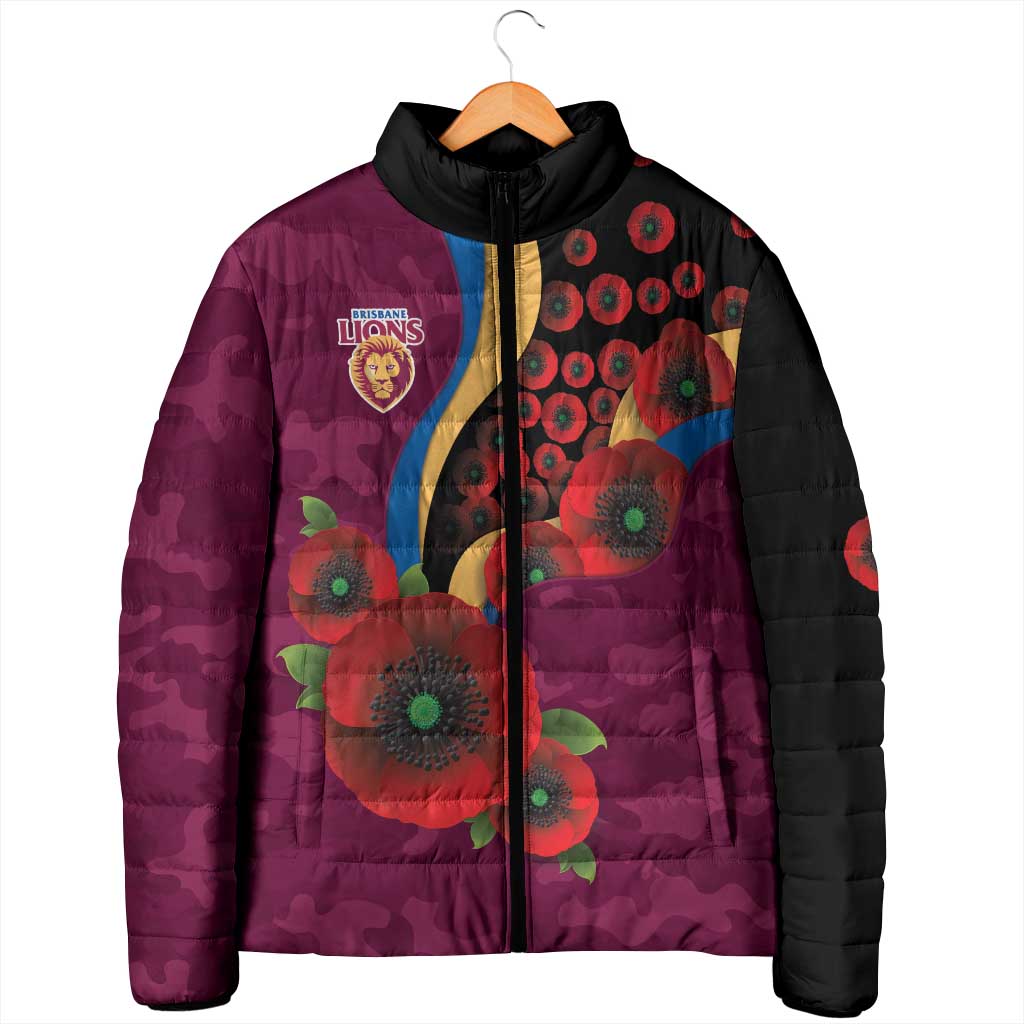 Brisbane Lions ANZAC Personalised Padded Jacket Lest We Forget Poppy Camo