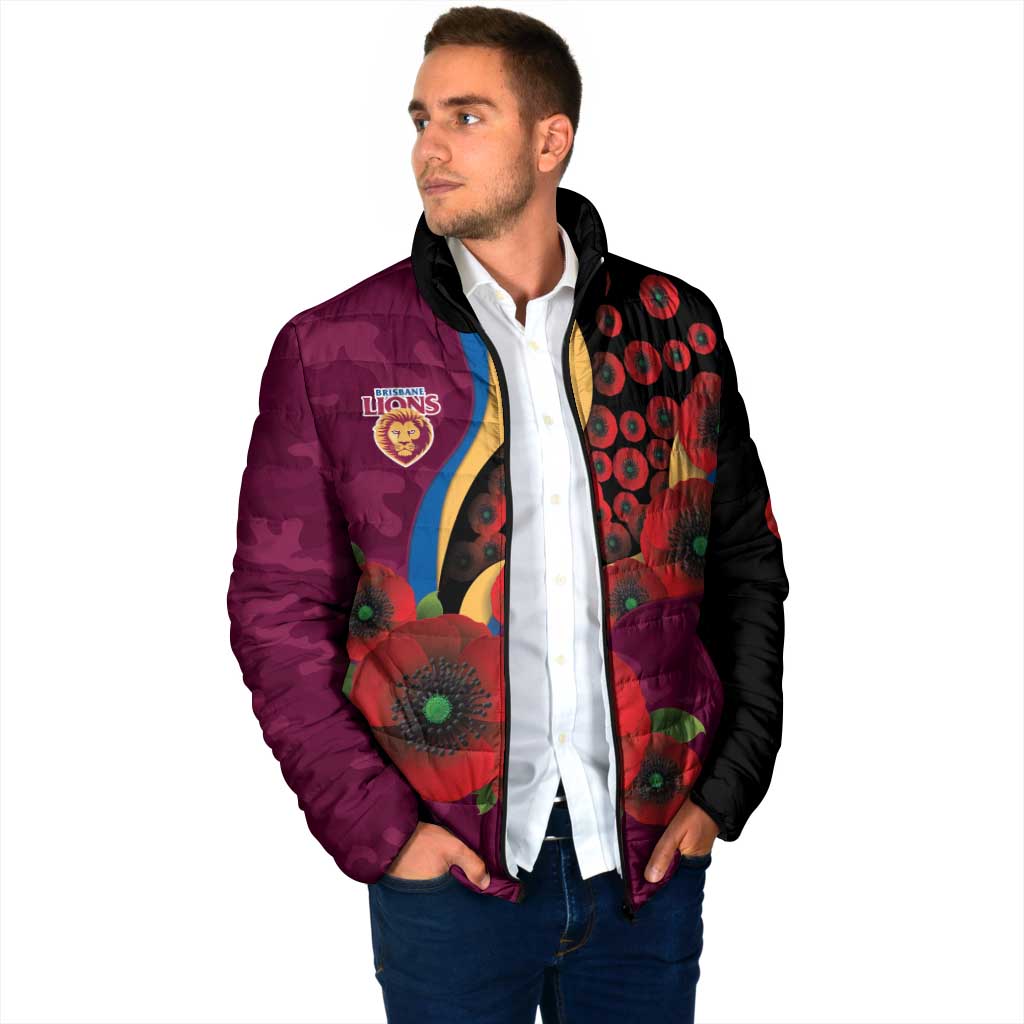Brisbane Lions ANZAC Personalised Padded Jacket Lest We Forget Poppy Camo