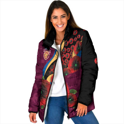 Brisbane Lions ANZAC Personalised Padded Jacket Lest We Forget Poppy Camo