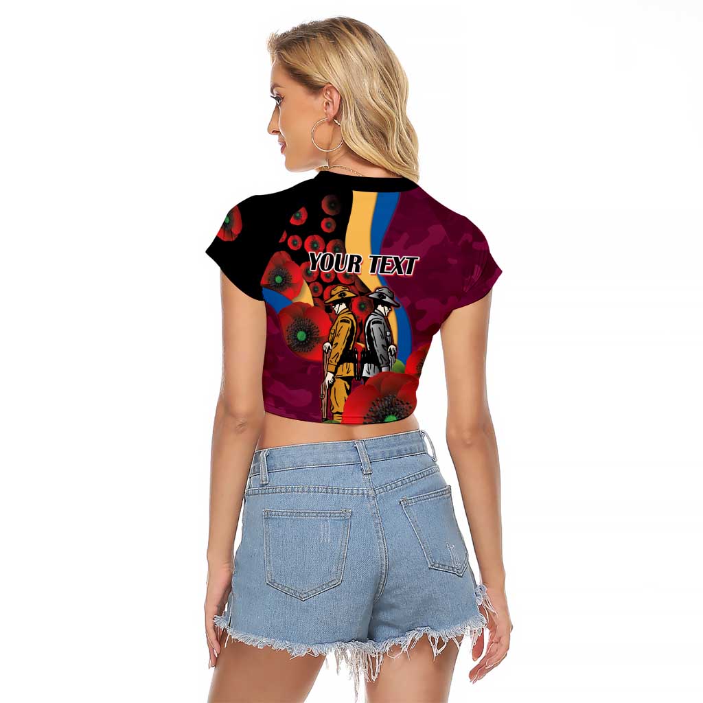 Brisbane Lions ANZAC Personalised Raglan Cropped T Shirt Lest We Forget Poppy Camo