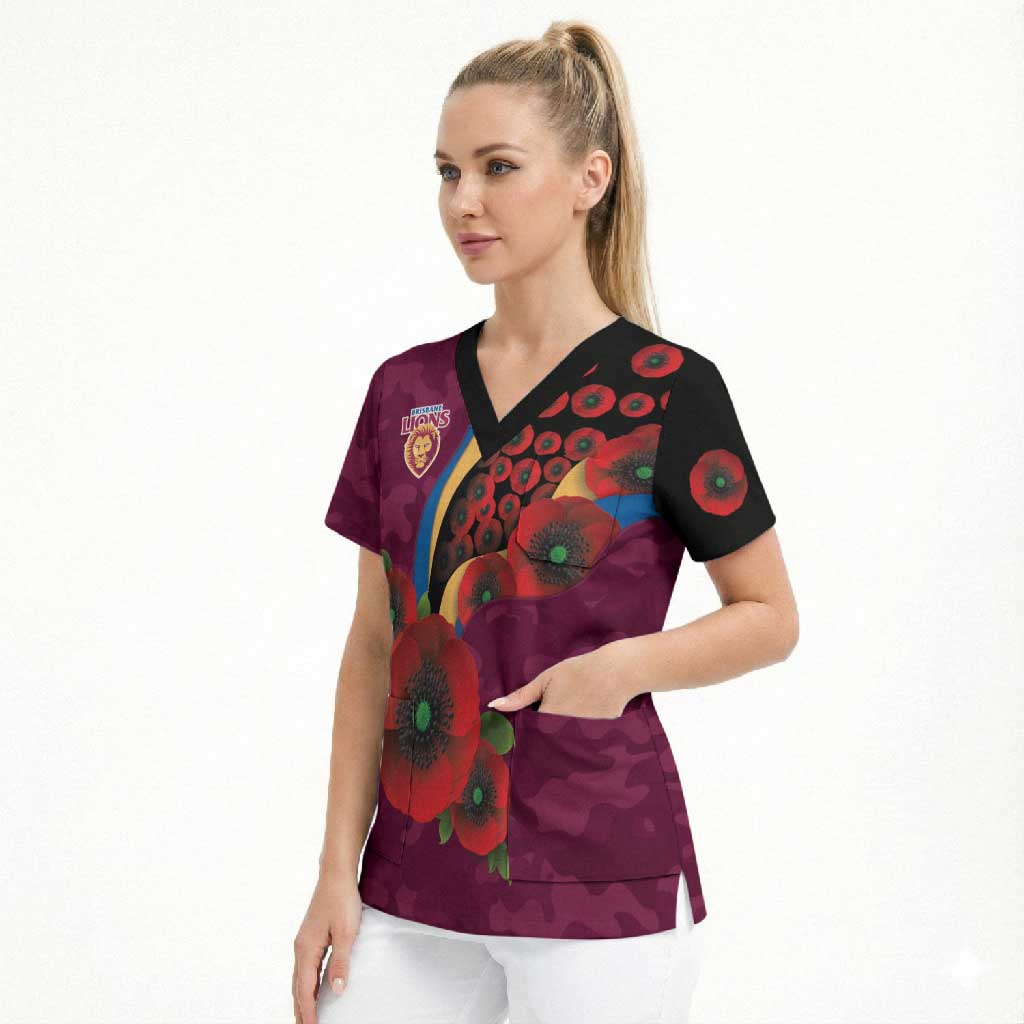 Brisbane Lions ANZAC Personalised Scrub Top Lest We Forget Poppy Camo